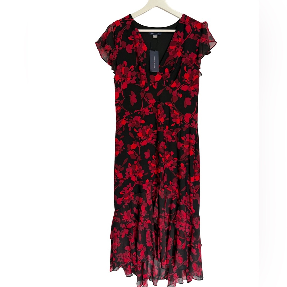 NEW Tommy Hilfiger Women's Flutter Sleeve Chiffon Dress Size 10 Deep Scarlet